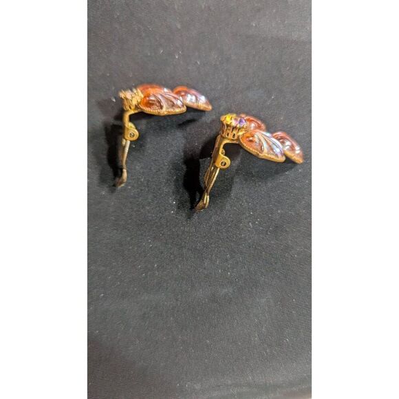 Vintage West Germany Amber Glass Clip-On Earrings Floral Design 1.25" Rhinestone - Picture 6 of 10